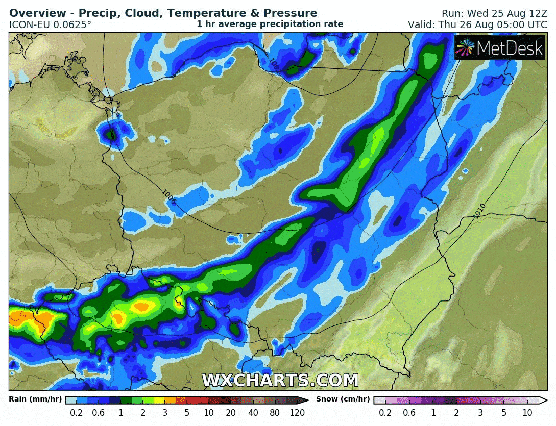 Pogoda na czwartek. Symulacja występowania opadów deszczu nad Polską w okresie 05:00 UTC - 21:00 UTC ze skokiem co dwie godziny