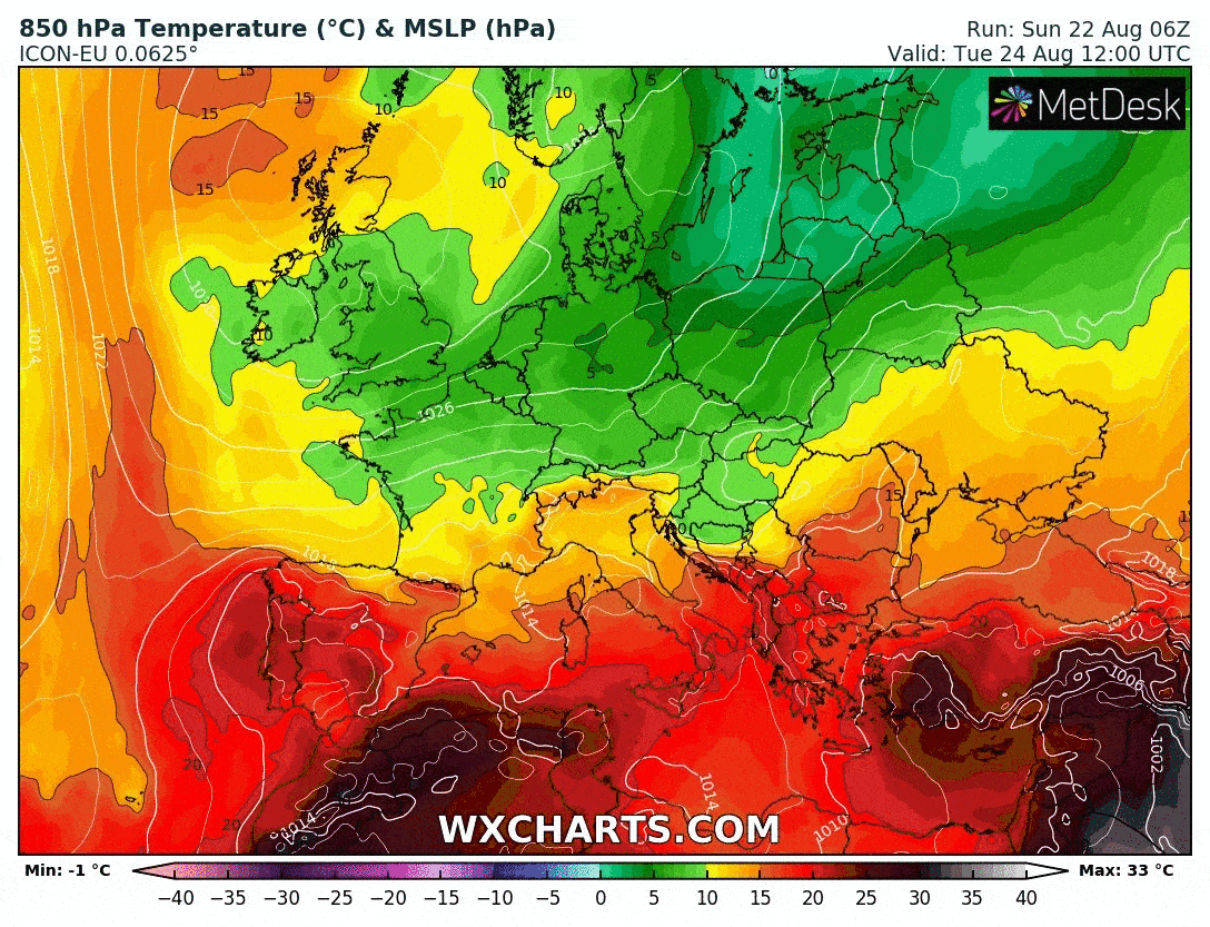 Ochłodzenie. Rozkład mas powietrza nad Europą w okresie poniedziałek-czwartek
