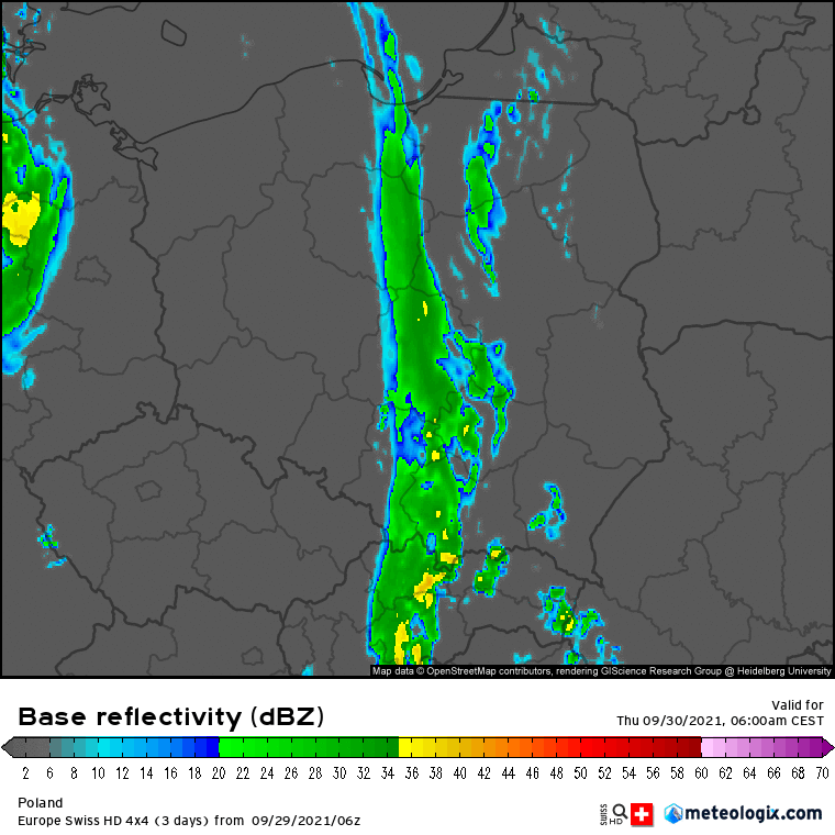 Pogoda. Przebieg opadów deszczu wg modelu SwissHD - okres od 06:00 do 00:00 z krokiem co 2h