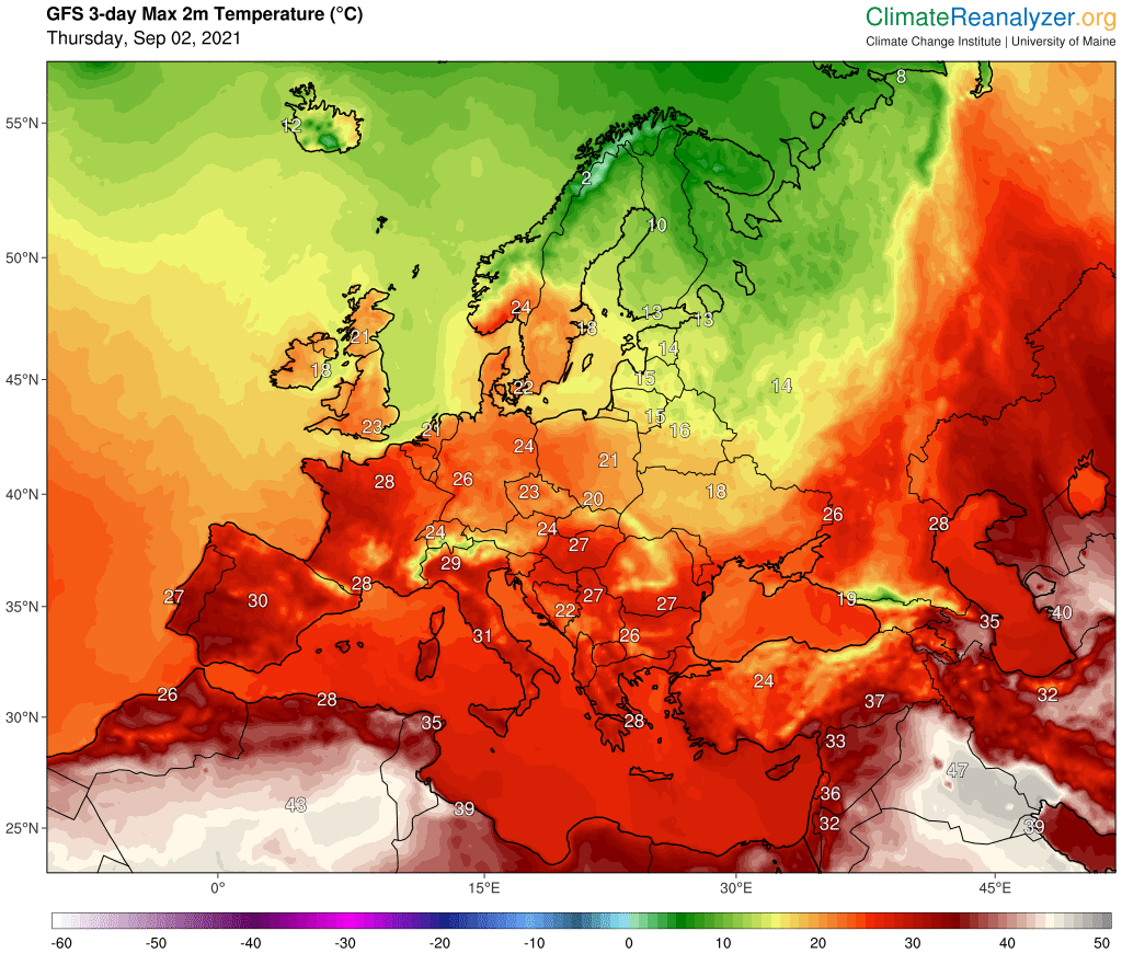 Prognozy długoterminowe. Prognoza maksymalnych temperatur powietrza nad Europą w perspektywie kolejnych trzech dni licząc od czwartku