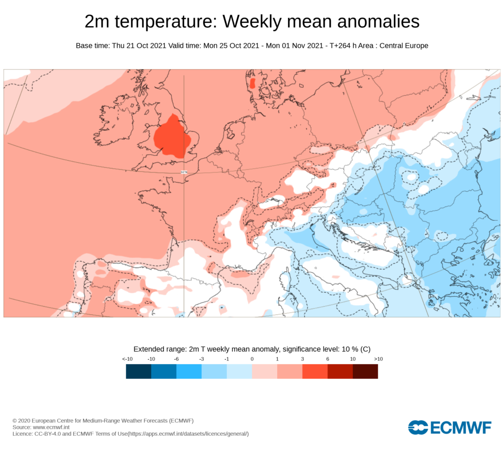 Pogoda. Prognozowana anomalia temperatury powietrza na poziomie 2m - dodatnie odchylenie nad Polską świadczące o możliwym, cieplejszym okresie