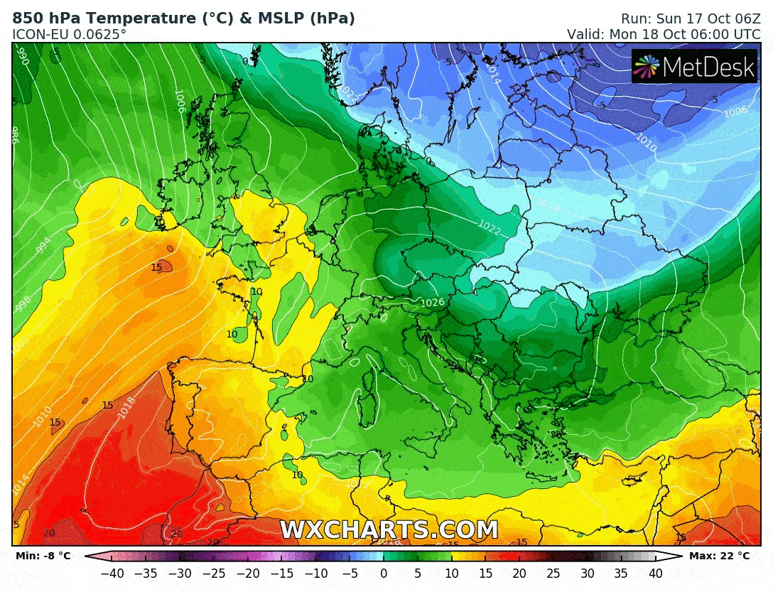 Pogoda. Proces przemieszczania się mas powietrza nad Europą wg modelu ICON-EU w okresie poniedziałek - piątek (do 06:00UTC)