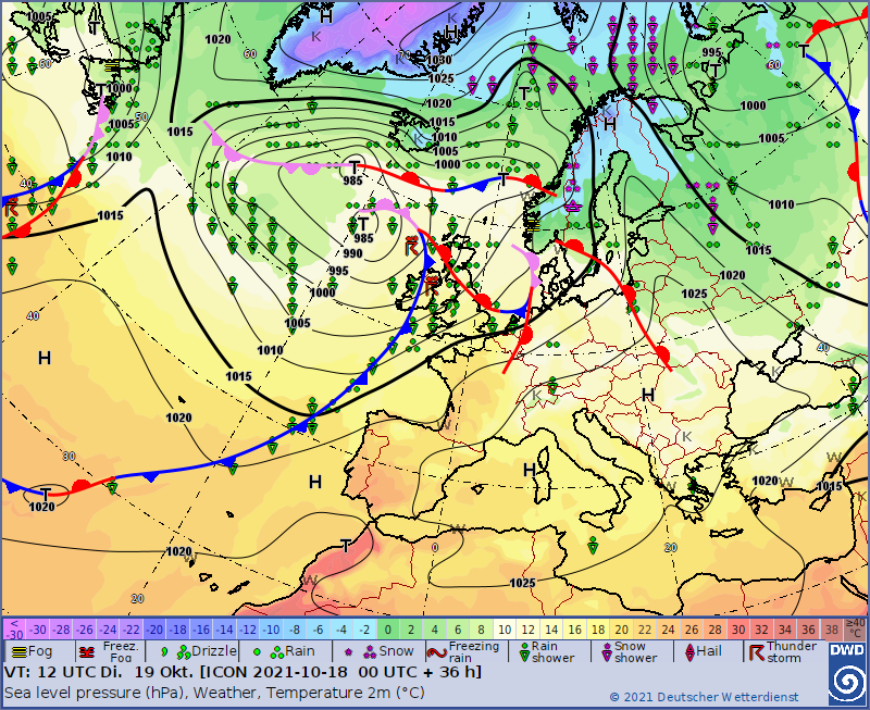 Pogoda. Prognozowana sytuacja synoptyczna nad Europą z uwzględnieniem położenia głównych frontów atmosferycznych
