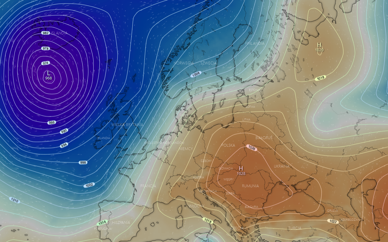 Pogoda. Prognozowana sytuacja baryczna nad Europą w najbliższy czwartek. Rozległy niż nad Atlantykiem, blokada wyżowa w głębi Europy
