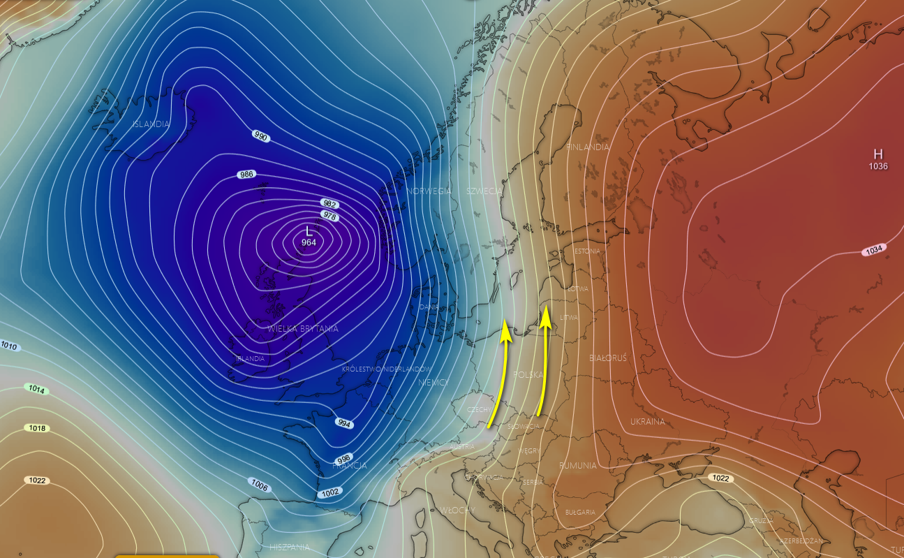 Pogoda. Sytuacja baryczna nad Europą w niedzielę wg modelu ECMWF - strumień przepływu ciepłych mas powietrza w obszarze ścierania się układów