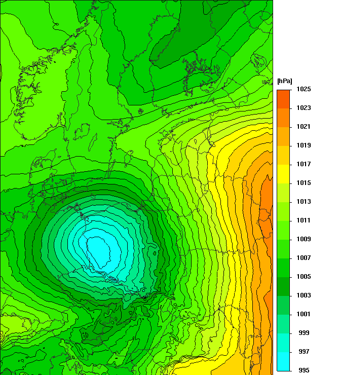 Pogoda. Prognozowane położenie centrum niżu nad zachodnią częścią kraju - prognoza modelu UMPL na godzinę  12UTC w czwartek