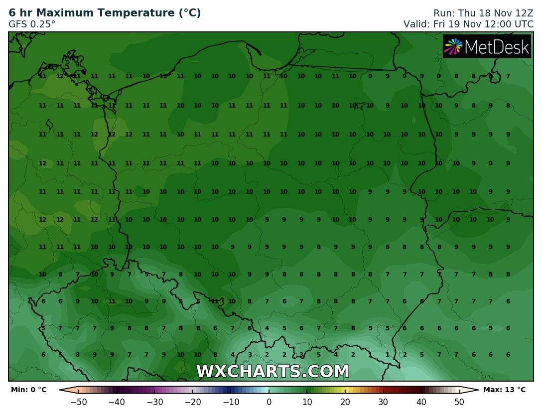 Pogoda. Prognoza maksymalnych temperatur powietrza nad Polską w okresie 07:00 - 13:00