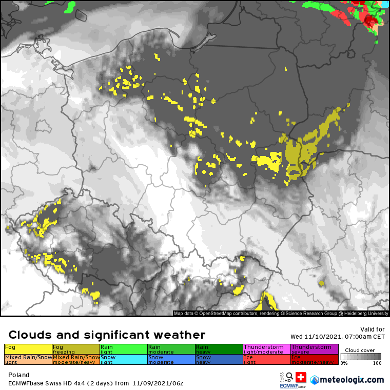 Pogoda. Prognoza zachmurzenia nad Polską wg modelu SwissHD - godzina 07:00 i 14:00