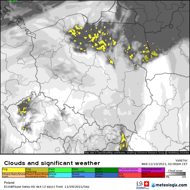 Pogoda. Prognoza zachmurzenia nad Polską wg modelu SwissHD - godzina 07:00 i 14:00