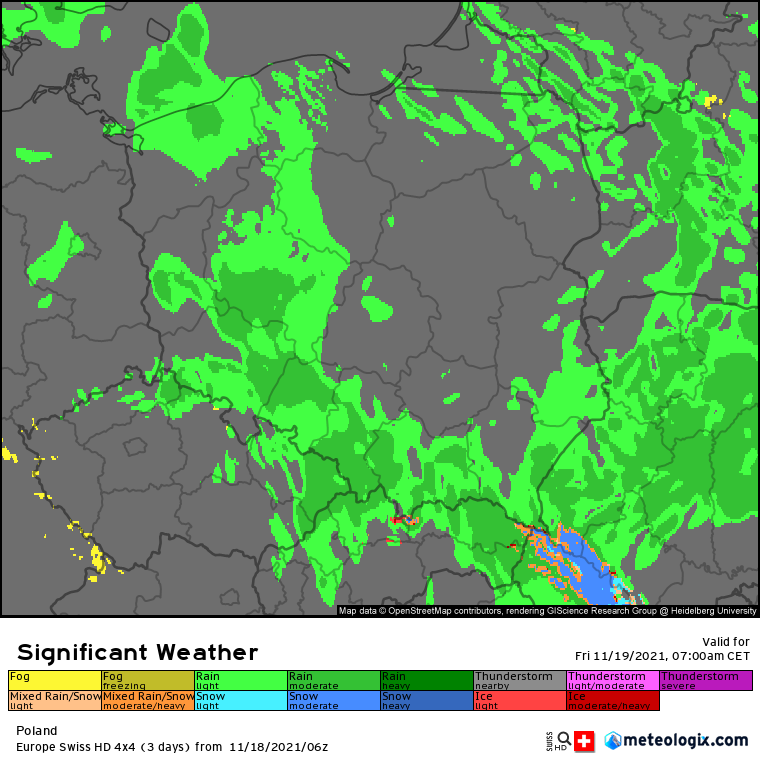 Pogoda. Przelotne opady deszczu nad Polską - symulacja modelu SwissHD na godzinę 07:00