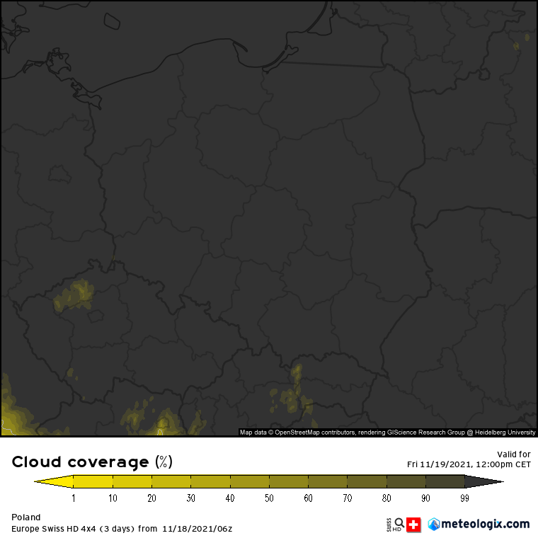 Pogoda. Prognoza zachmurzenia nad Polską (%) w piątek na godzinę 12:00 - model SwissHD