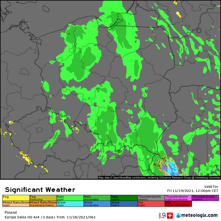 Pogoda. Przelotne opady deszczu nad Polską - symulacja modelu SwissHD na godzinę 12:00