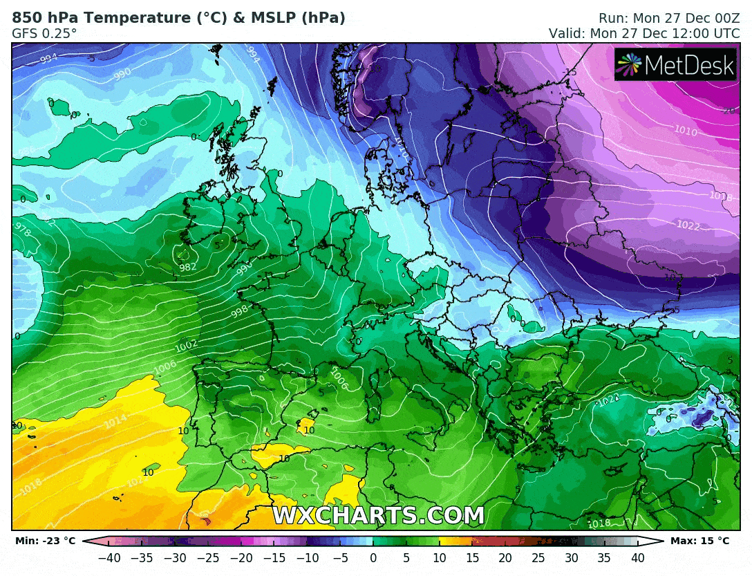 Pogoda: Proces wędrówki mas powietrza nad Europą w okresie poniedziałek 27.12 - piątek 31.12