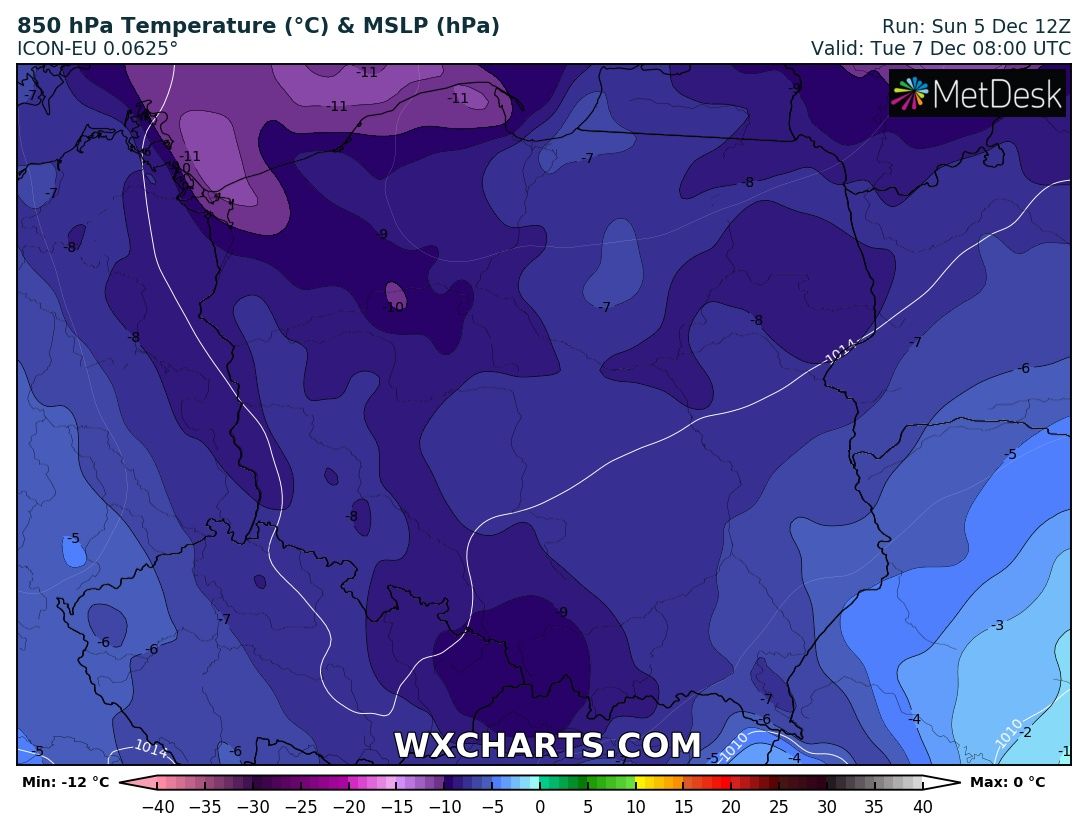 Pogoda. Zimna masa powietrza nad Polską widziana jako rozkład temperatur powietrza w dolnej części troposfery