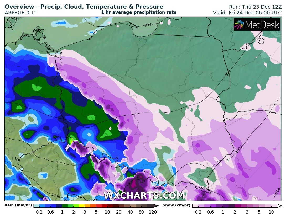 Pogoda na święta: Opady atmosferyczne nad Polską wg modelu ARPEGE: fioletowy - śnieg, niebieski/zielony - deszcz. Dane na godzinę 06:00 UTC i 09:00 UTC