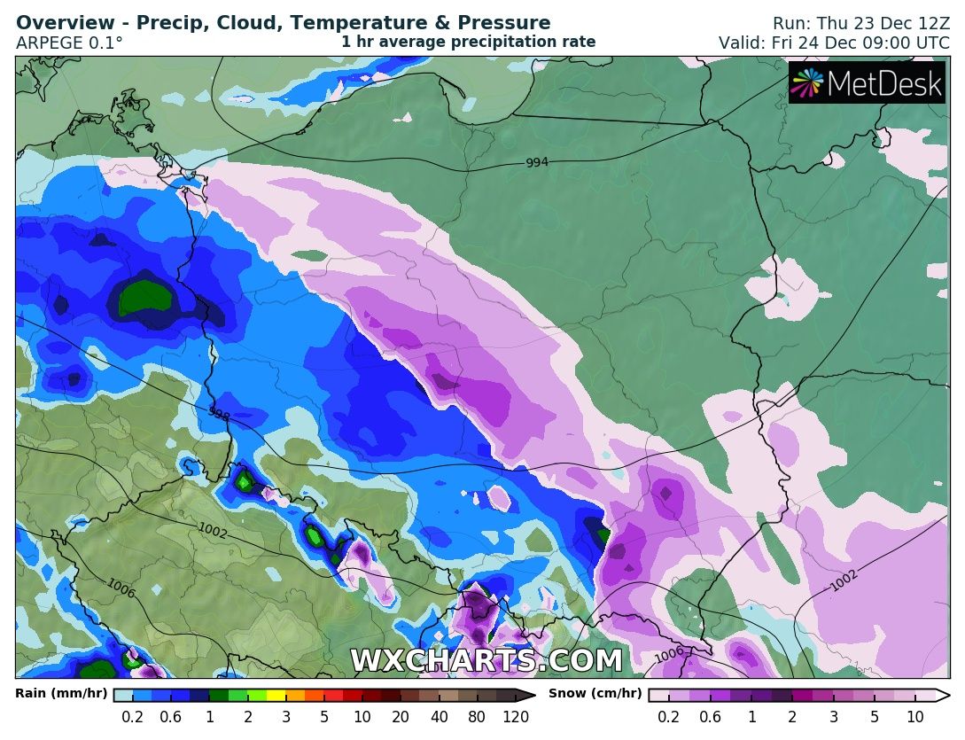 Pogoda na świeta: Opady atmosferyczne nad Polską wg modelu ARPEGE: fioletowy - śnieg, niebieski/zielony - deszcz. Dane na godzinę 06:00 UTC i 09:00 UTC