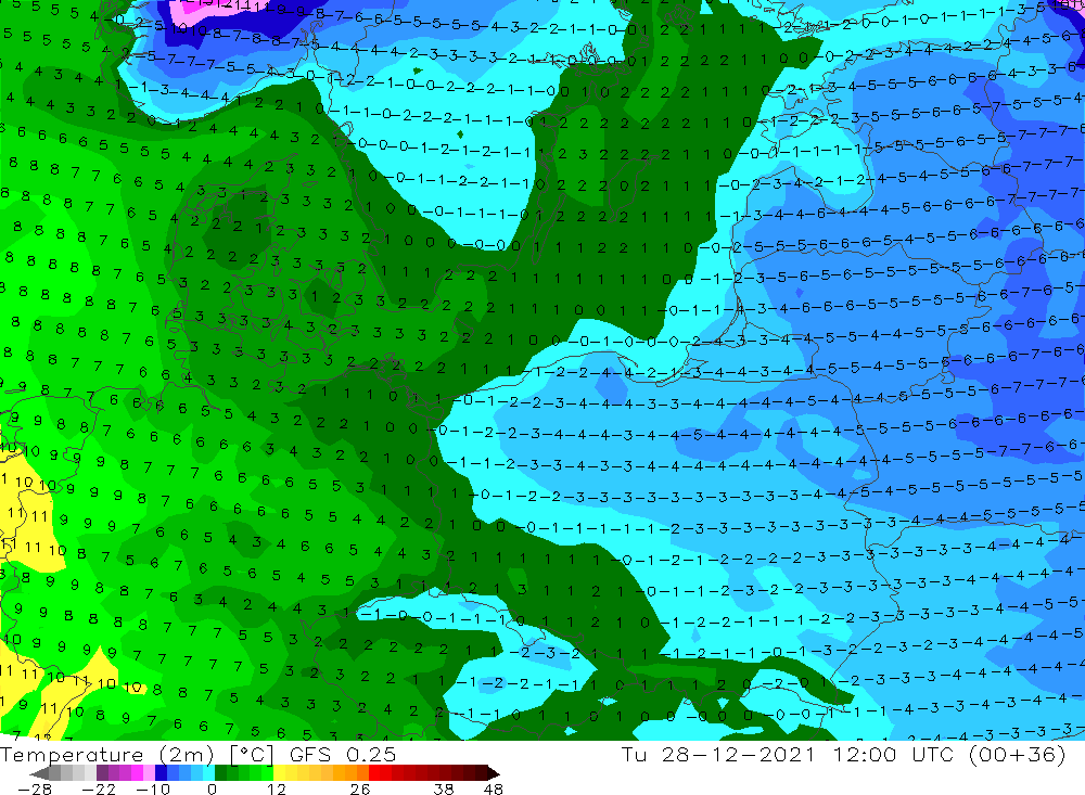 Pogoda: Prognoza temperatur we wtorek (12UTC) - model GFS