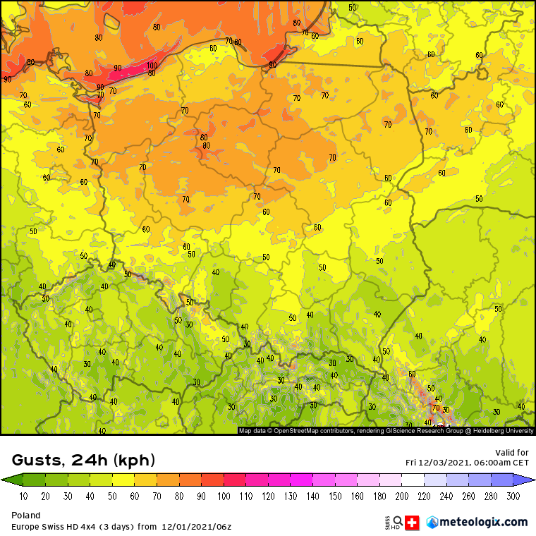 Pogoda. Prognoza maksymalnych porywów wiatru liczona w okresie czwartek 06:00 - piątek 06:00 (model SwissHD)