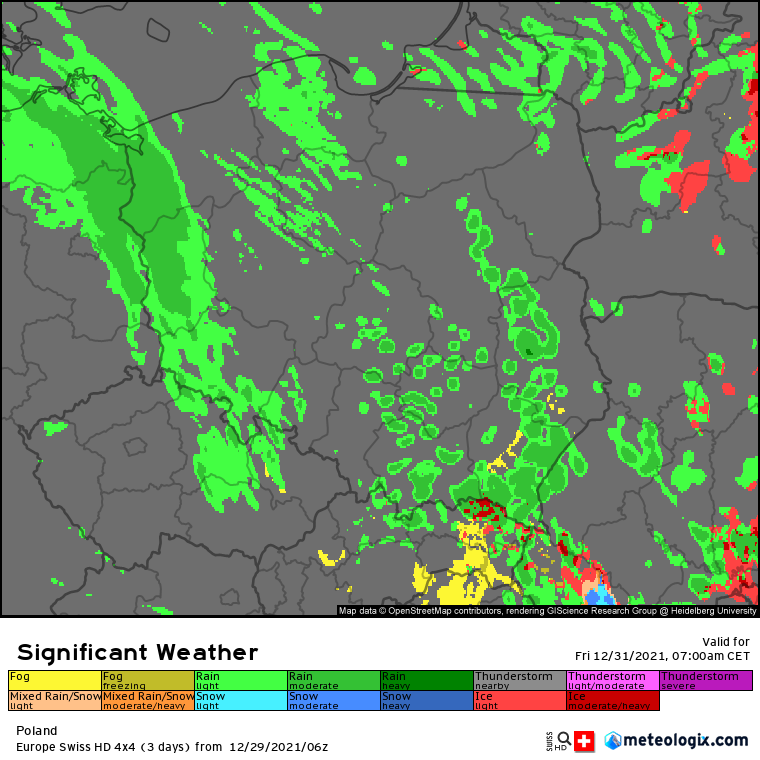 Prognoza opadów deszczu wg modelu SwissHD w piątek kolejno na godziny: 07:00, 10:00, 13:00