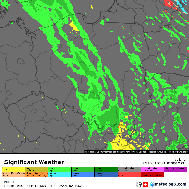 Prognoza opadów deszczu wg modelu SwissHD w piątek kolejno na godziny: 07:00, 10:00, 13:00