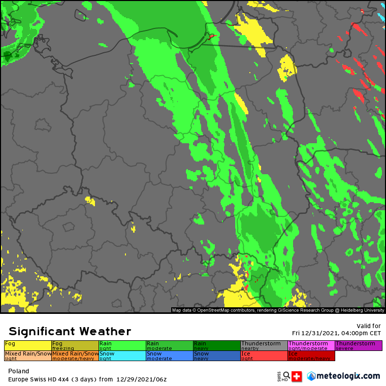 Pogoda: Prognoza opadów deszczu wg modelu SwissHD w piątek kolejno na godziny: 16:00 i 19:00