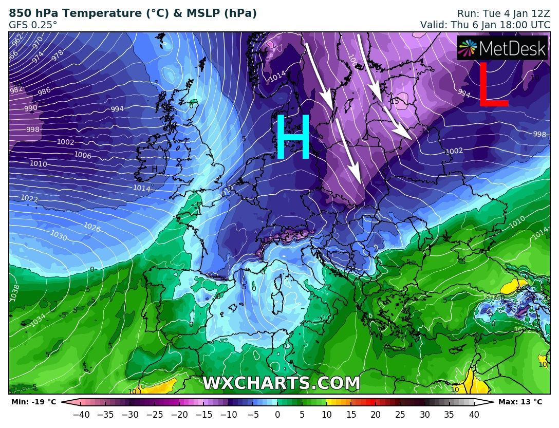 Pogoda: Rozkład mas powietrza nad Europą w czwartkowy wieczór - adwekcja zimnego powietrza nad obszar Polski
