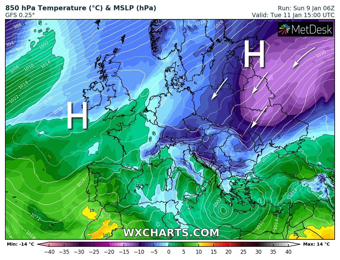 Pogoda: Rozkład mas powietrza na wtorkowe popołudnie - spływ chłodu do Polski (model GFS)