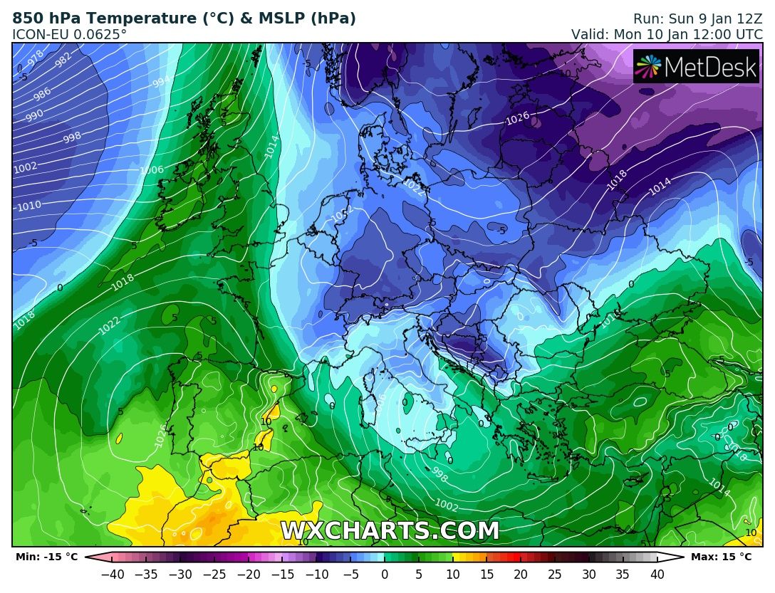 Pogoda:  Prognoza rozlokowania mas powietrza nad Europą w poniedziałek - obszar Polski w zasięgu zimniejszych sektorów