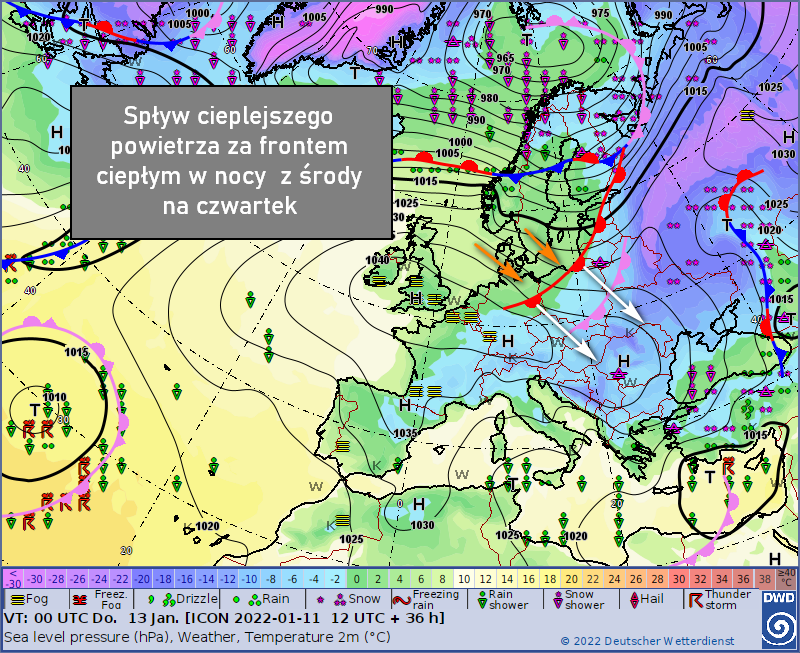 Pogoda: Sytuacja synoptyczna w nocy z środy na czwartek (12/13.01) - ciepły front nad Polską z adwekcją powietrza polarnomorskiego