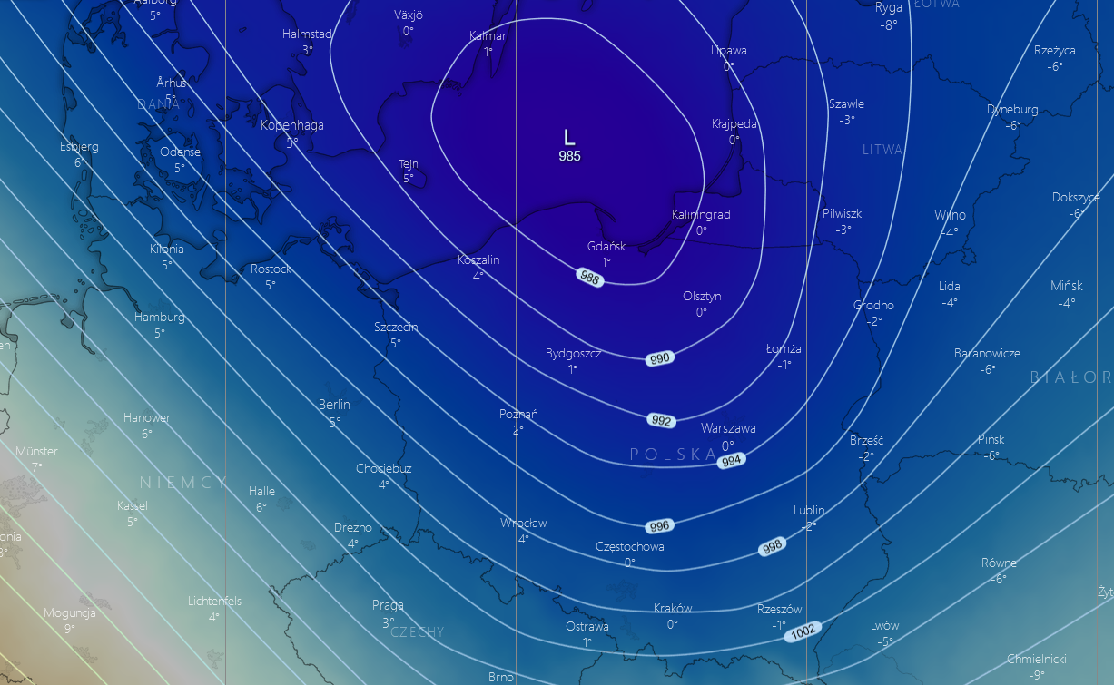 Pogoda: Nadejście centrum niżu nad południowy Bałtyk - prognoza na godzinę 00:00