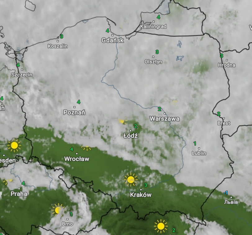 Pogoda: Prognoza zachmurzenia nad Polską na godzinę 13:00