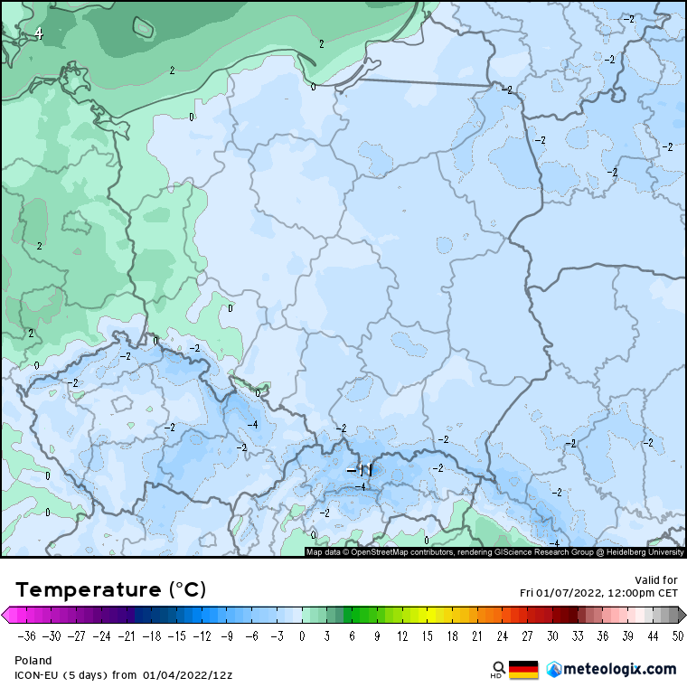 Pogoda: Prognoza temperatur na godzinę 12:00 - model SwissHD