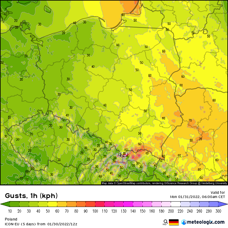 Pogoda: Prognoza porywów wiatru nad Polską - godzina 06:00 rano
