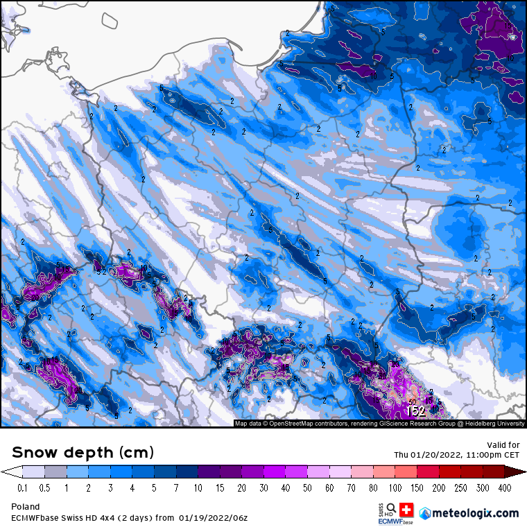 Pogoda: Prognoza pokrywy śnieżnej wg modelu SwissHD na godzinę 23:00