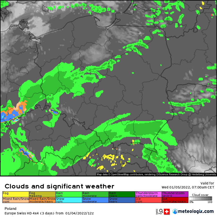 Pogoda: Prognoza opadów deszczu wg modelu SwissHD: godzina 07:00