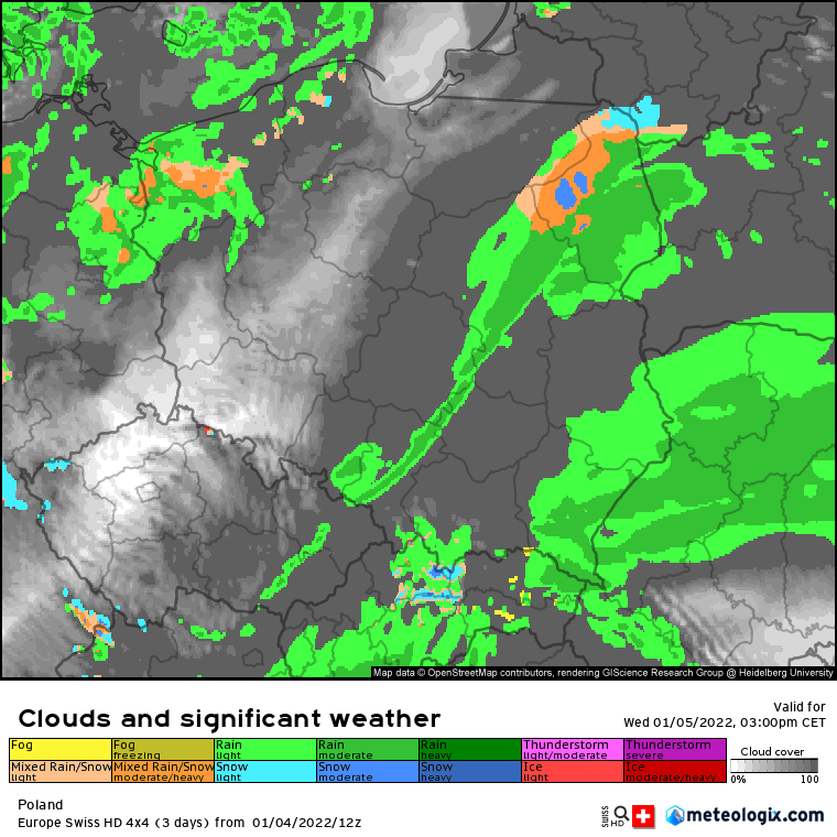 Prognoza opadów deszczu wg modelu SwissHD: godzina 15:00 