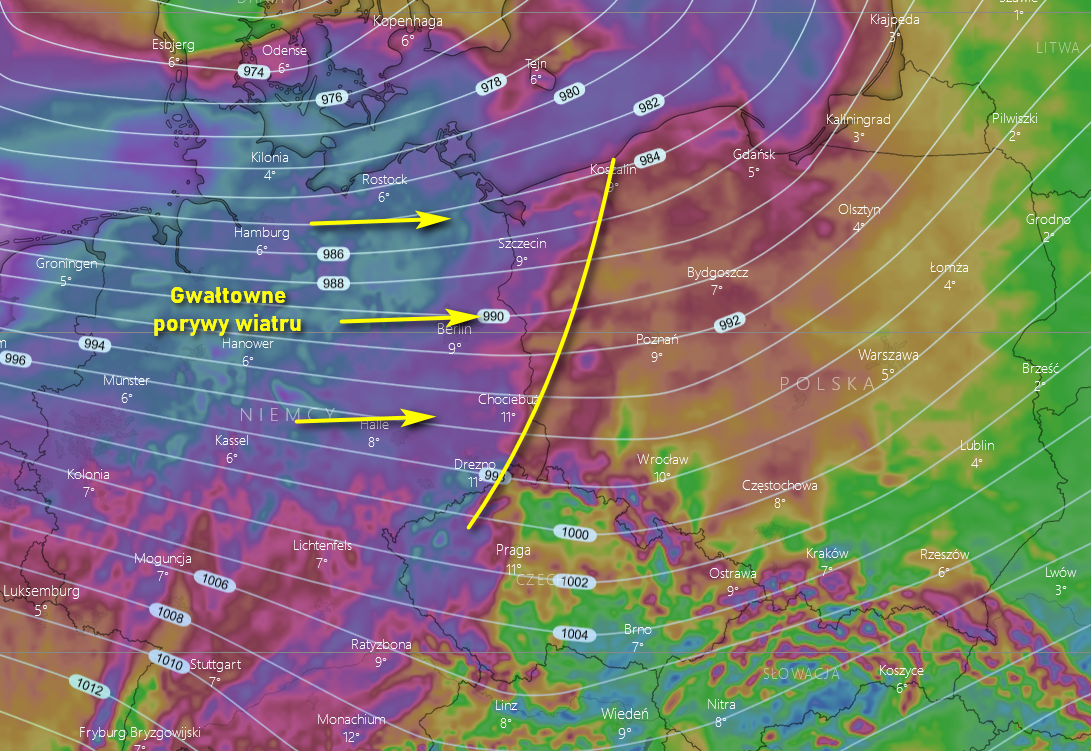 Pogoda: Wejście obszaru bardzo silnych porywów wiatru - prognoza modelu ICON-EU na godzinę 23:00