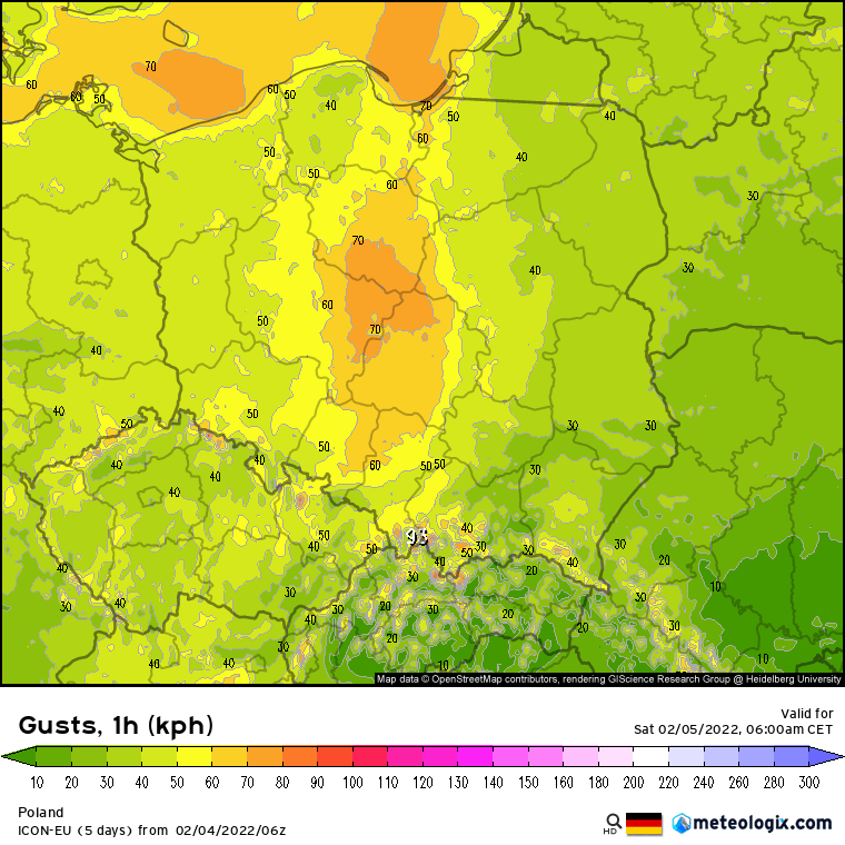 Pogoda: Prognoza porywów wiatru w godzinach 06:00 - 17:00 (krok co godzinę) - model ICON-EU