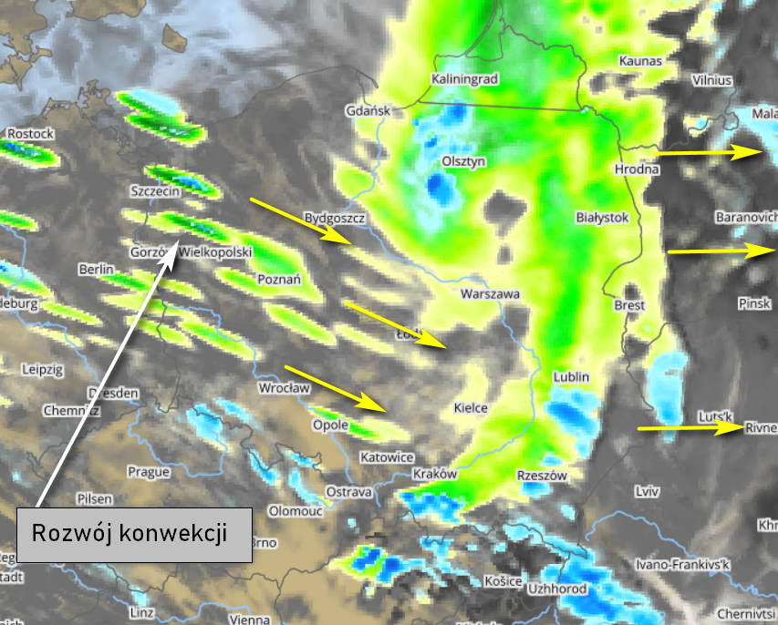 Pogoda: Prognoza opadów nad Polską w sobotę na godzinę 07:00 - model UMPL (zielony - deszcz, niebieski - śnieg)