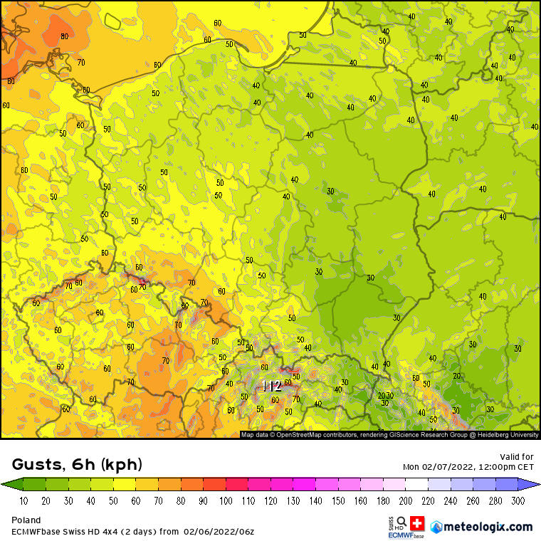 Pogoda. Prognoza maksymalnych porywów wiatru wg modelu SwissHD dla okresu 06:00 - 12:00 oraz 12:00 - 18:00
