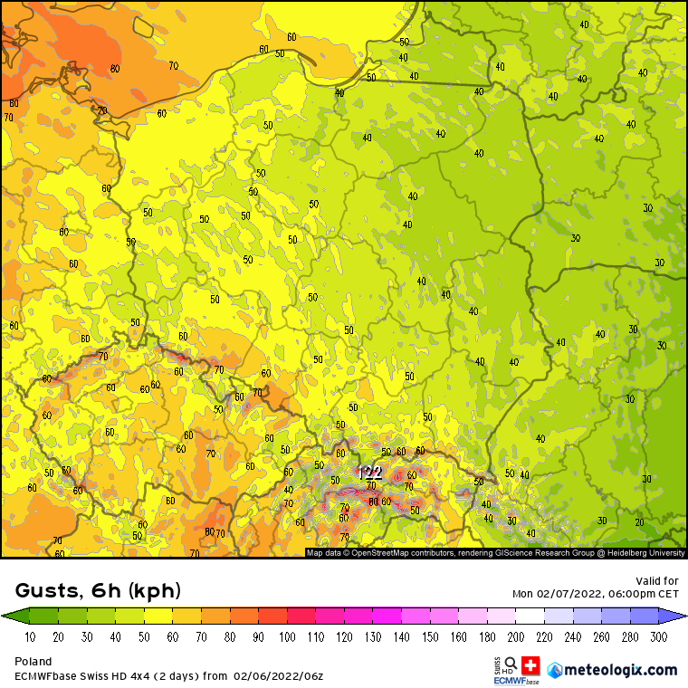 Pogoda: Pogoda. Prognoza maksymalnych porywów wiatru wg modelu SwissHD dla okresu 06:00 - 12:00 oraz 12:00 - 18:00