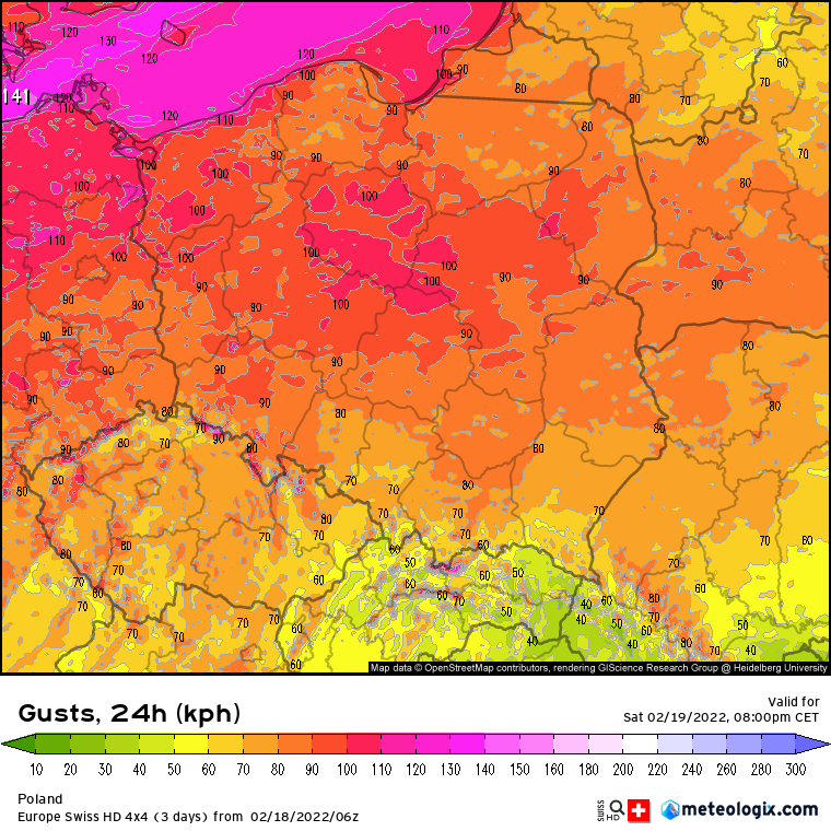 Prognoza maksymalnych porywów wiatru nad Polską liczona do soboty godziny 20:00