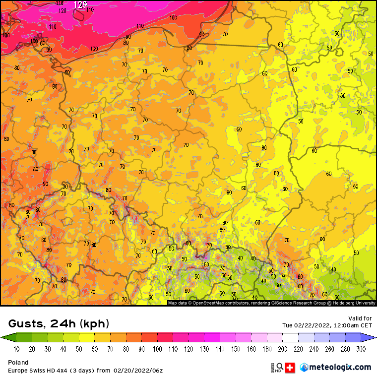Pogoda: Maksymalne porywy wiatru nad Polską w okresie 00:00 21.02 - 00:00 22.02 (24h)