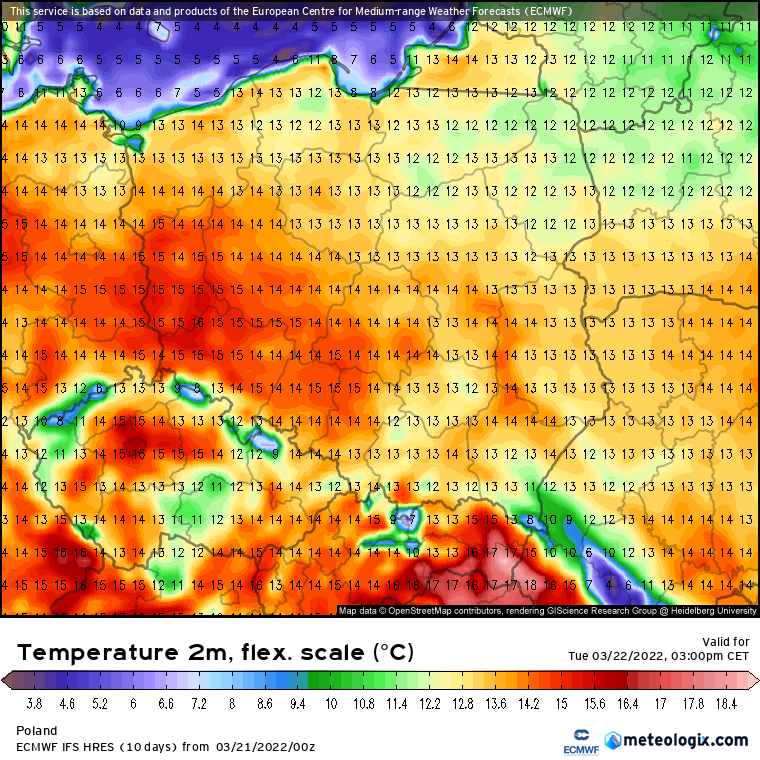 Pogoda: Prognoza temperatur powietrza nad Polską we wtorek 22.03 na godzinę 15:00 (model ECMWF)
