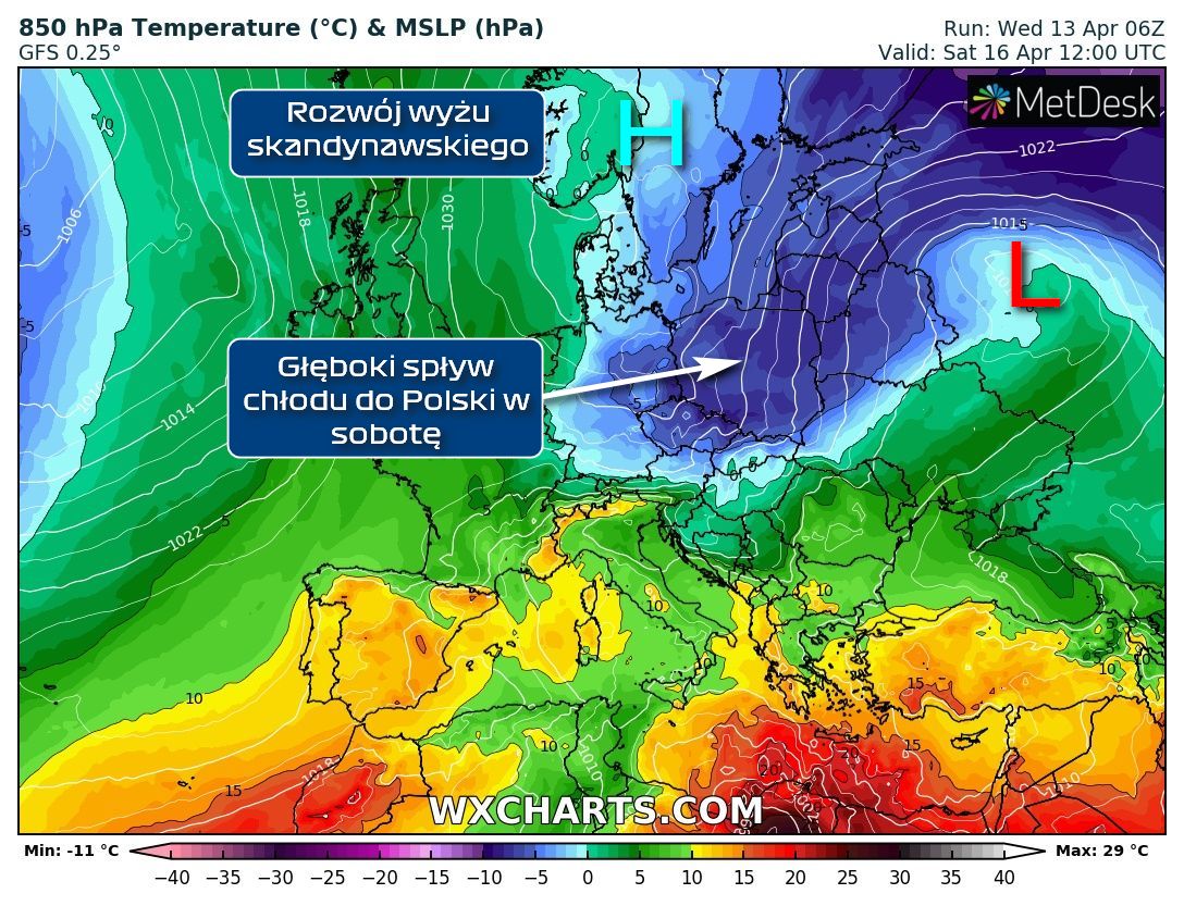 Proces ochłodzenia nad Polską na przykładzie rozkładu mas powietrza w dolnej troposferze. Grafika1: 09:00UTC w piątek, grafika2: 12UTC w sobotę