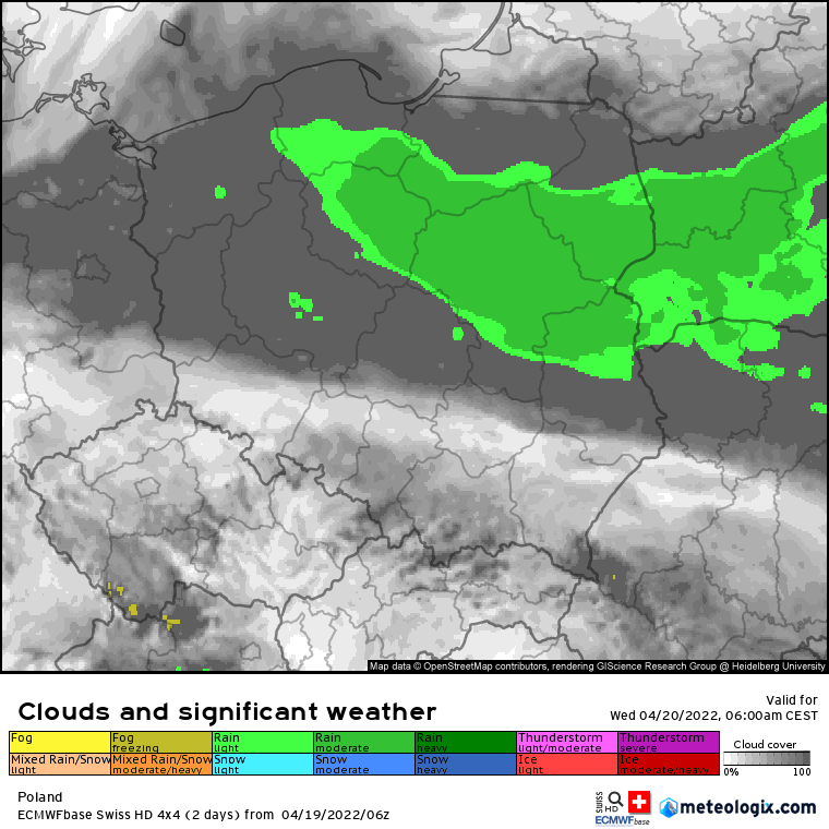 Pogoda: Prognoza rozwoju opadów deszczu nad Polską w okresie 06:00 - 21:00