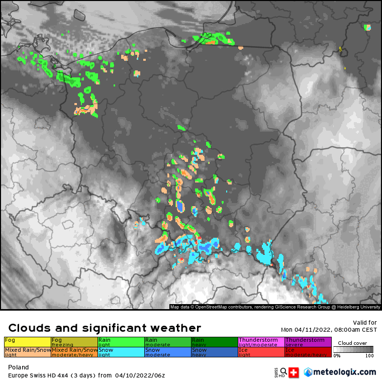 Prognoza zachmurzenia i opadów nad Polską w poniedziałek. Godziny: 08:00, 11:00, 14:00, 17:00, 20:00, 23:00