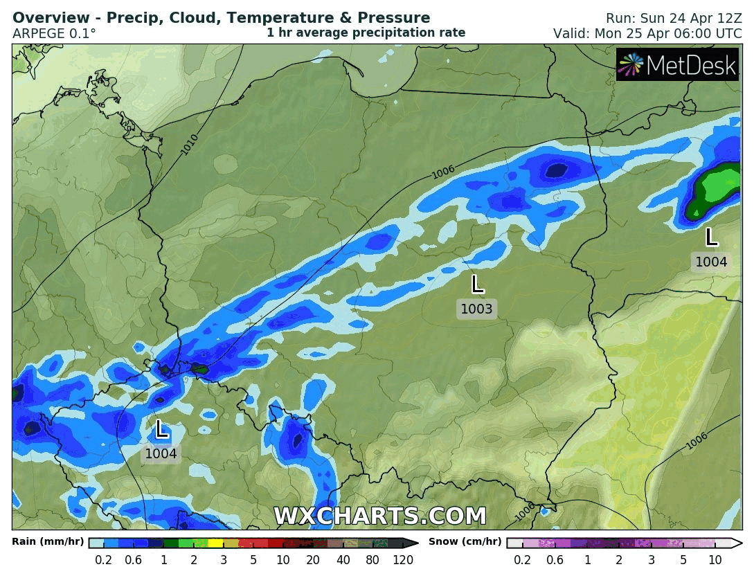 Pogoda: Prognoza rozwoju opadów nad Polską w zakresie 06:00 - 21:00 UTC
