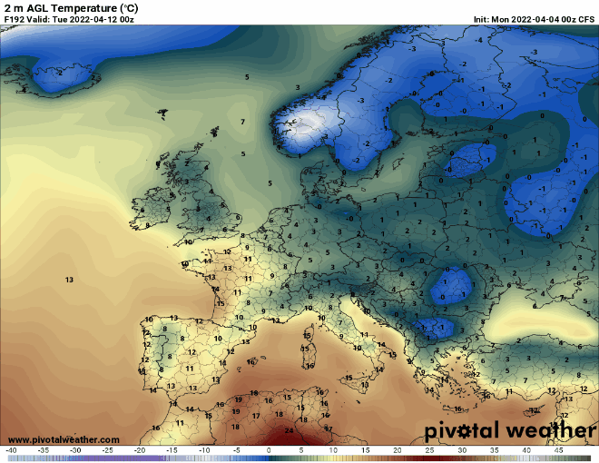 Pogoda: Prognoza temperatur powietrza dla Europy wg modelu CFS w okresie 12.04 - 19.04 (skok animacji do 12h)