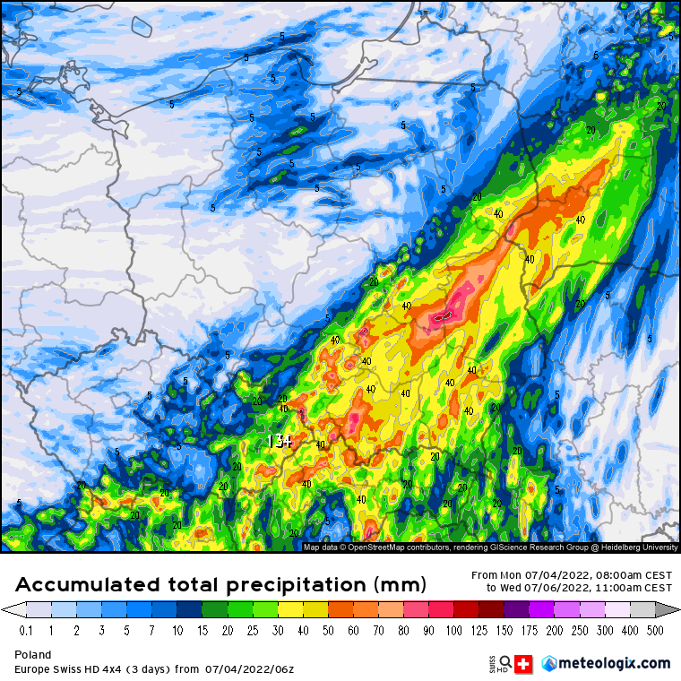 Prognoza sumy opadów (mm) wg modelu SwissHD do godziny 11:00 w środę